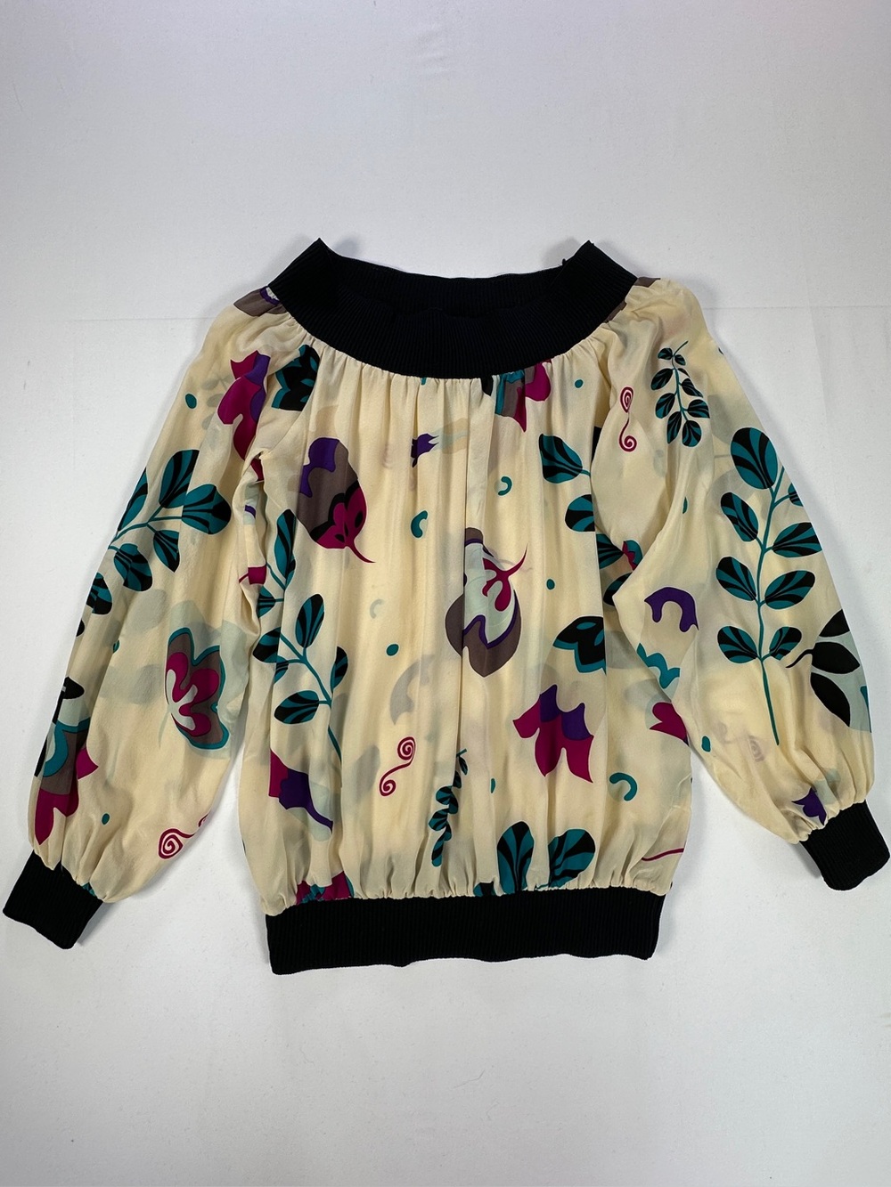 Dianne B Vintage 100% Silk Abstract Floral Off-Shoulder Blouse Size M/L 80s